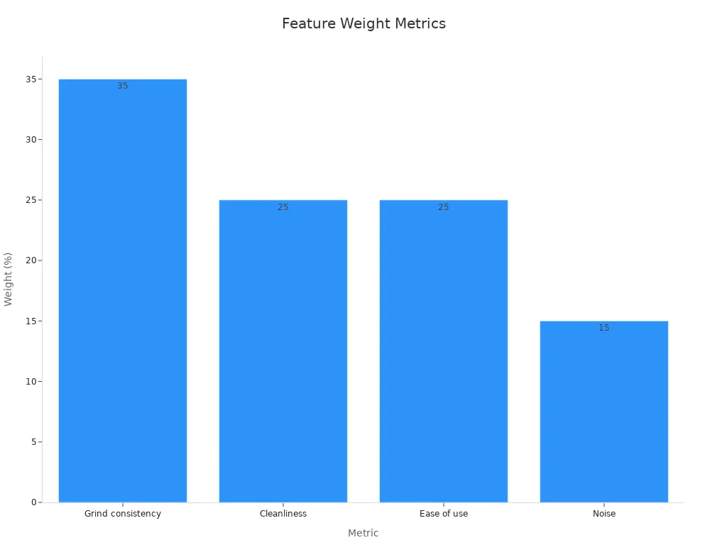 Bar chart showing feature weight percentages for coffee grinder evaluation in 2025