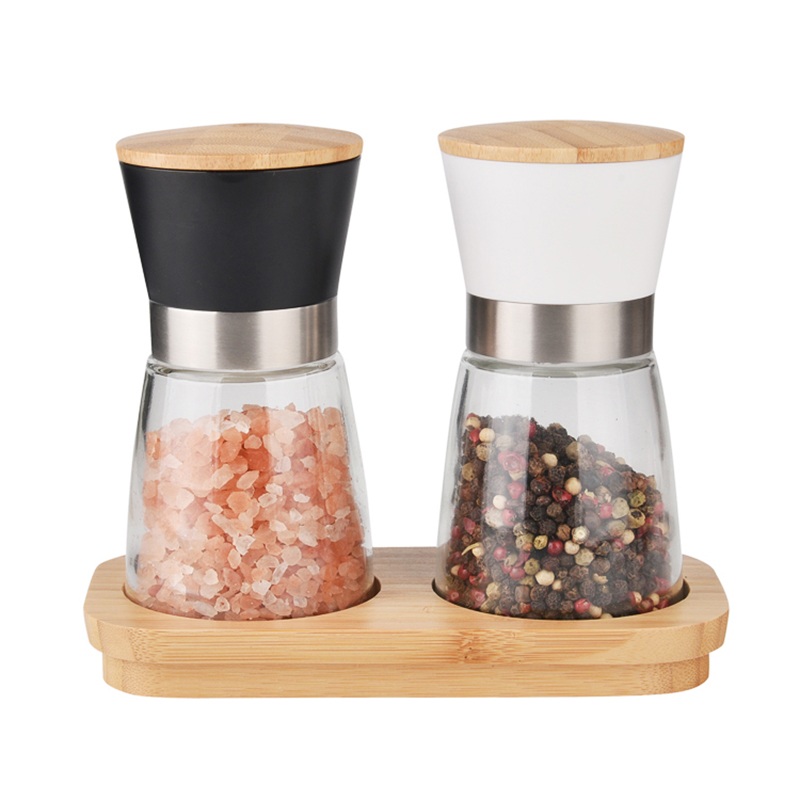 Custom Adjustable Salt Pepper Mill Grinder Set with Bamboo Stand 2