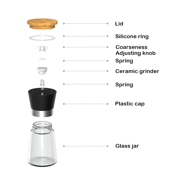 Custom Adjustable Salt Pepper Mill Grinder Set with Bamboo Stand 6