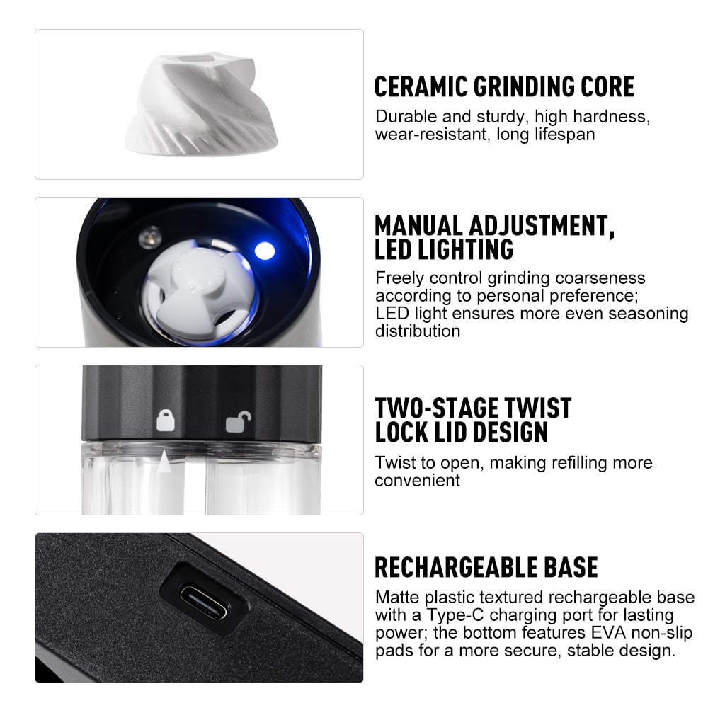 Custom Wireless Charging Electric Salt and Pepper Grinder Set 8