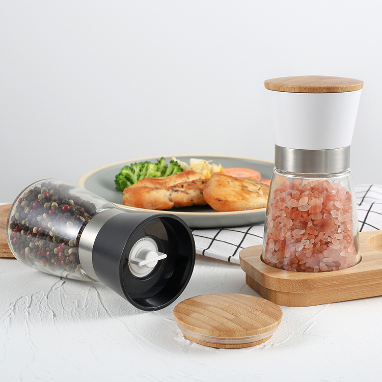 ODM Adjustable Plastic Salt and Pepper Grinder Set with Bamboo Base 1