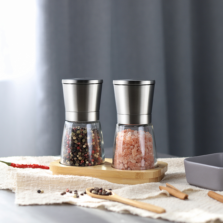 ODM Brushed Stainless Steel Salt and Pepper Grinder Set with Bamboo Base 1